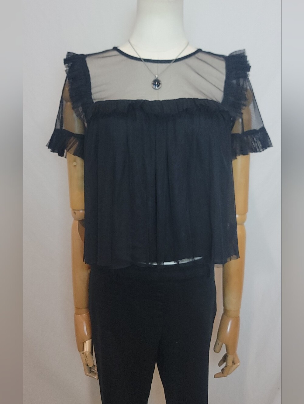 Vintage Zara Trafaluc Frilled Tulle Blouse Black Sheer, Size Small